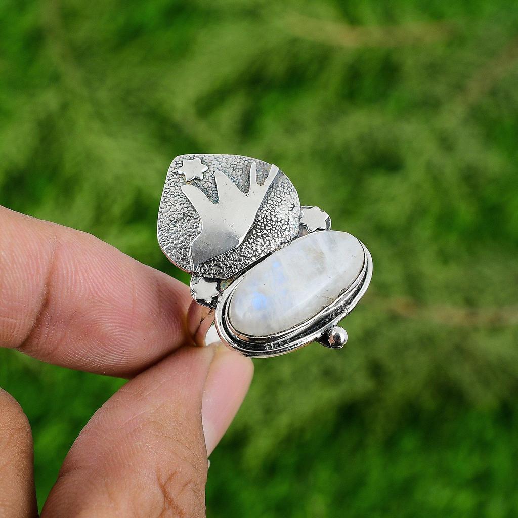 Подарок для неё Натуральный Радужный Лунный Камень Заявление Птица Регулируемое Кольцо 925 Серебро