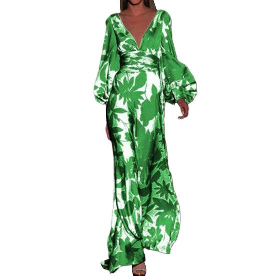 Ladies Dress Long Lantern Sleeve Deep V Neck High Waist Contrast Color Flower Print Big Hem Prom Banquet Cocktail Maxi Dress