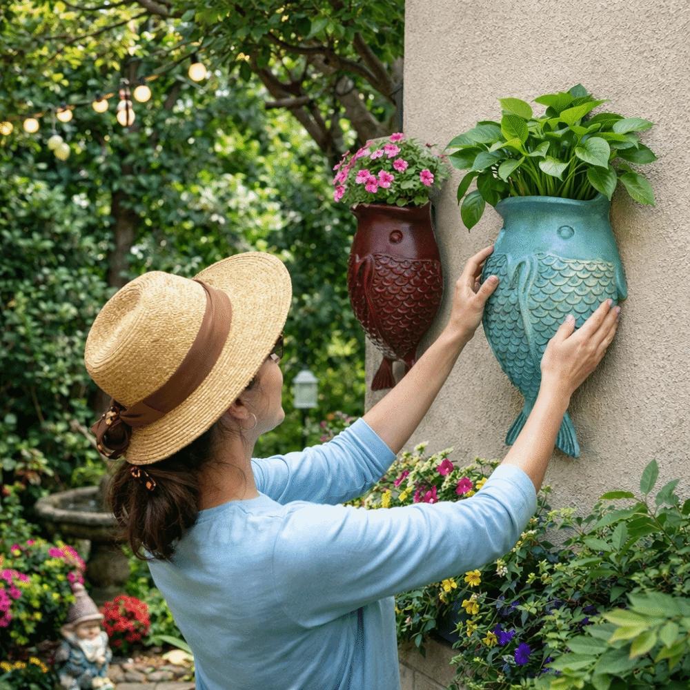 Rustic Style Fish Ornaments No-Drill Wall Mounted Planter Unique Decorative Floral Ware  Outdoor