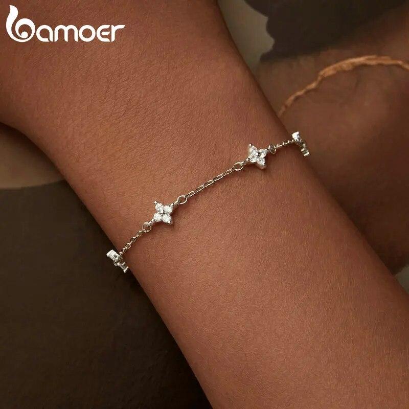 Браслет BAMOER из стерлингового серебра 925 пробы, браслет из белого золота с блестящим цирконом и цветком для женщин и девочек, классический темперамент, изысканные ювелирные изделия, подарки