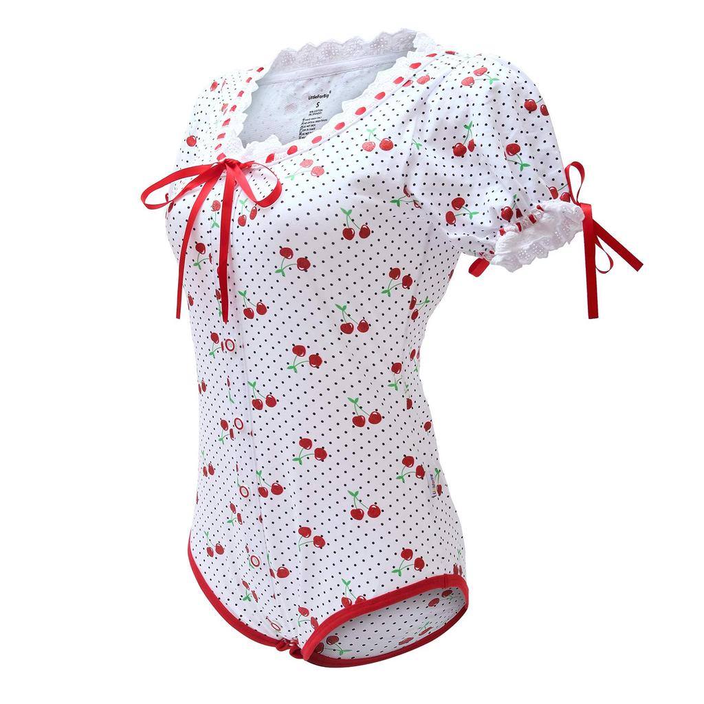 [LittleForBig] Adult Lolita Romper [Sparkling Cherry Print] Ribbon Bow Lace Cotton Pajamas, Size S