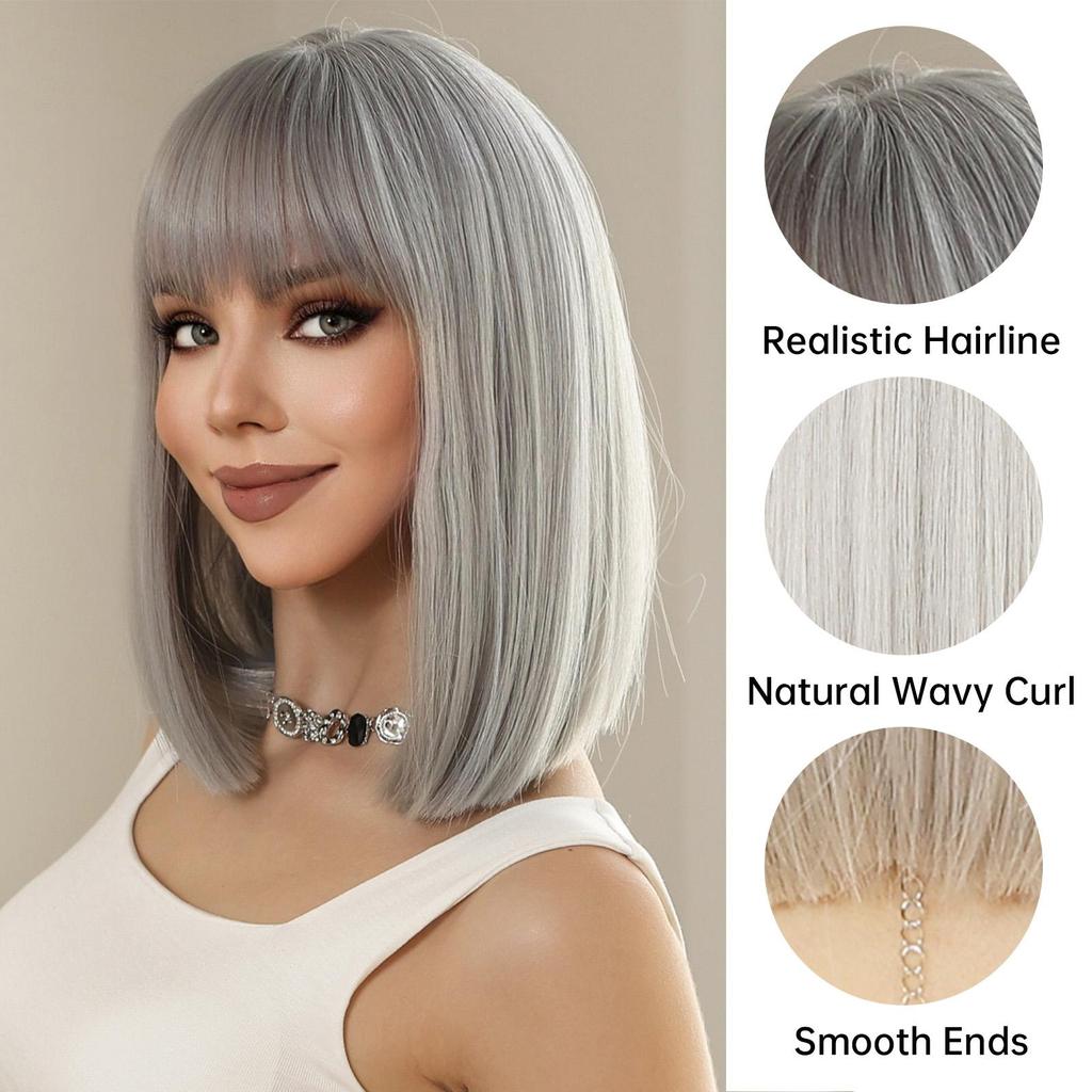 ALAN EATON Серебристый Боб, прямые парики, парик до плеч с челкой, синтетический короткий серый парик для женщин, термостойкие повседневные волосы