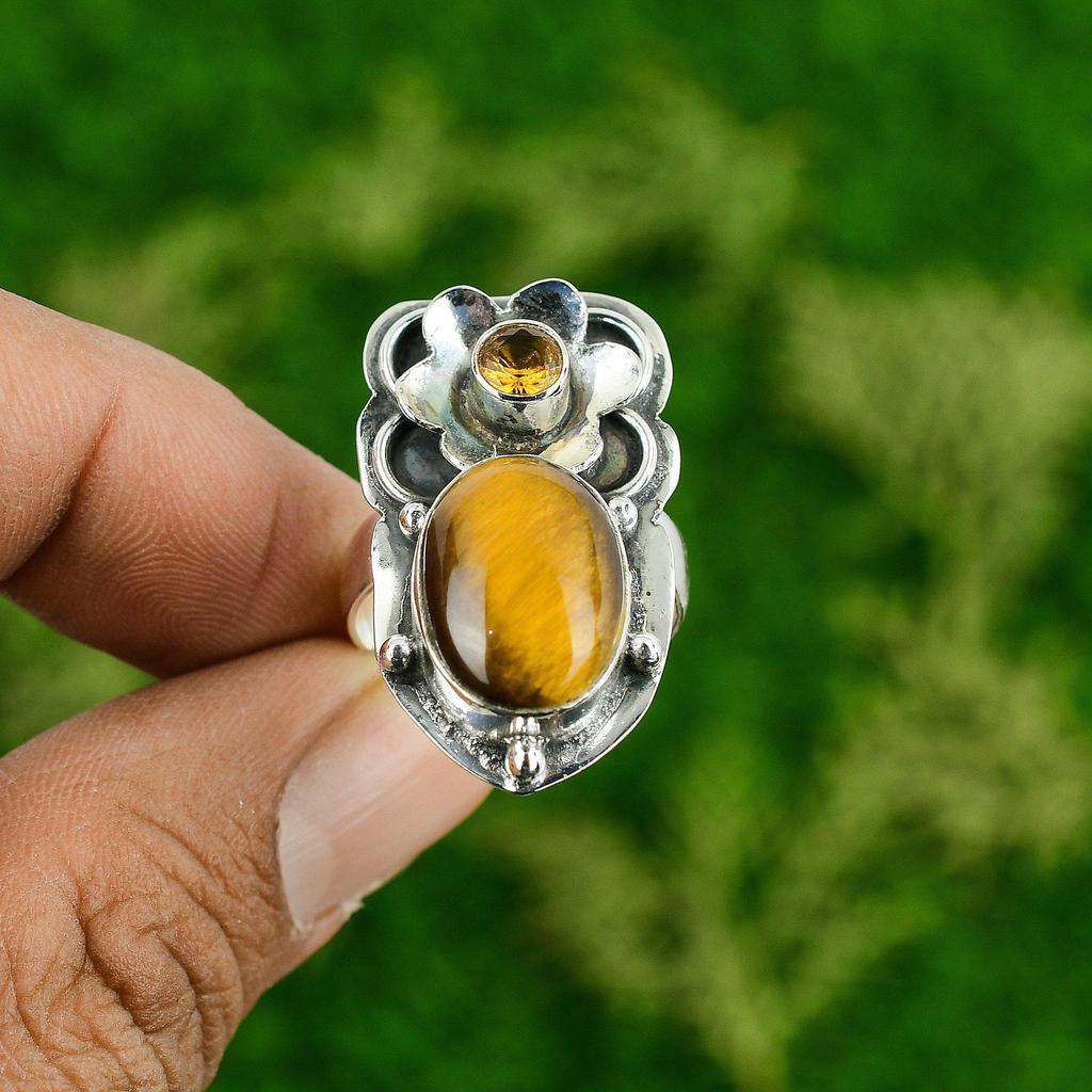 Gift For Women Multi Stone Flower Ring Size 9 925 Silver Natural TigerS Eye