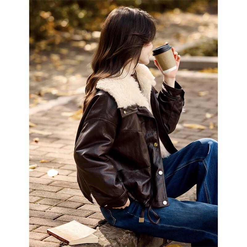 XINFEIYU Женское зимнее пальто из искусственной ПУ кожи с лацканами, на подкладке из искусственной овечьей шерсти