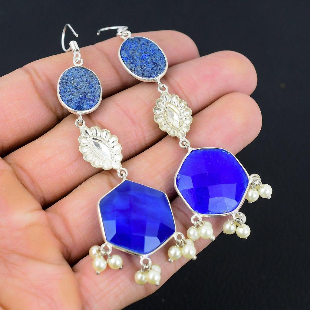 Hexagon Blue Sapphire Gemstone Dangle Drop Earrings Jewelry 925 Sterling Silver
