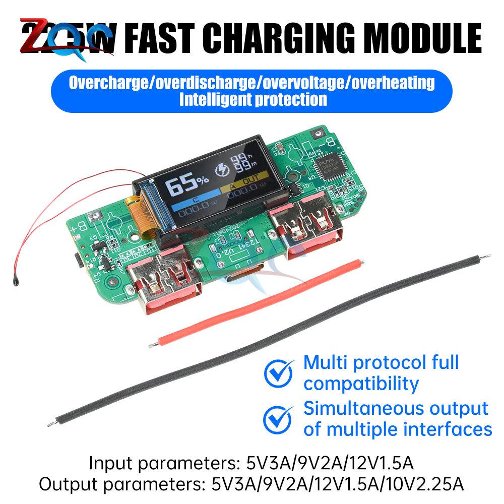 22.5W 2-Way Fast Charging Mobile Power Module Diy Motherboard Battery Level Digital Display USB/Type-C Port PD/QC/SCP/VOOC