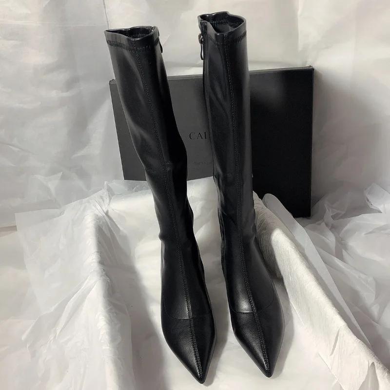 Осенне-зимние модные женские сапоги до колена с острым носком на толстом каблуке с острым носком на молнии женские высокие сапоги