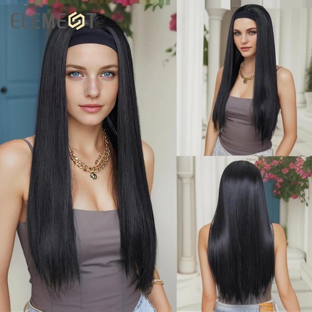 Elegant Synthetic Headband Wig Long Wavy Curly Black Straight Wigs with Headbands for Women and Girls Heat Resistant