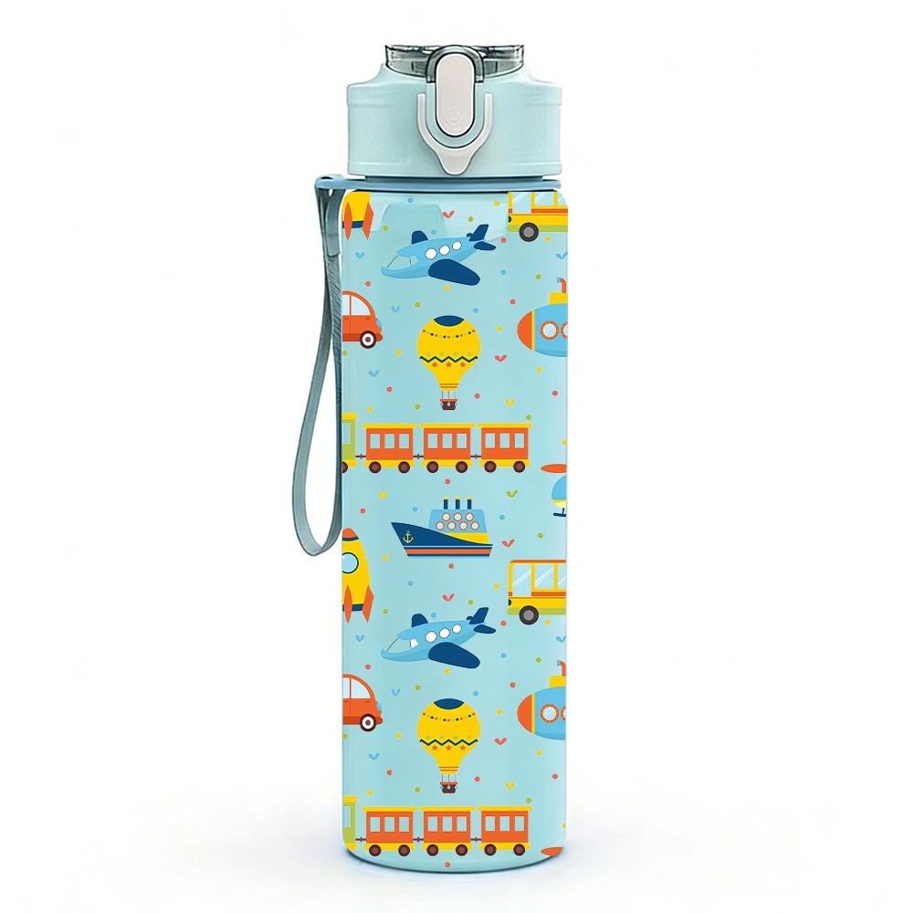 1PC Simple Small Plane Kids Seamless Print 750ml Color Plastic Sports Water Bottle Leakproof Flip Straw Lid Suitable for Sports Office Home Use