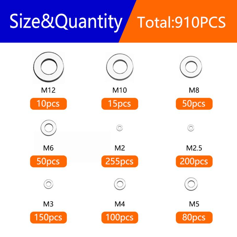 304 Stainless Steel Flat Washers Assortment - M2 to M12 Metric Size Range, 200/910PCS Hardware Fasteners Kit for DIY Repair