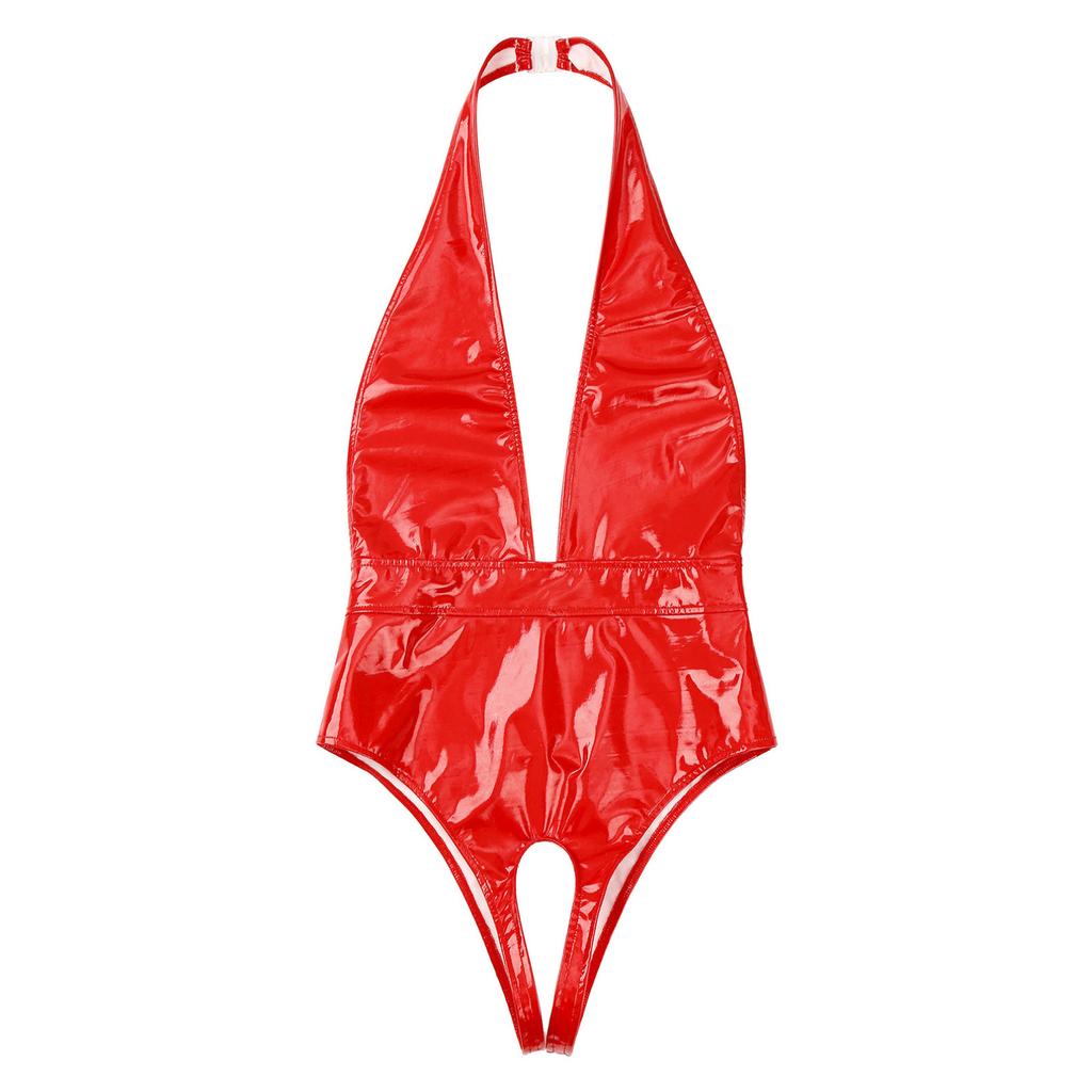 Women's Wetlook Latex Catsuit Patent Leather Bodysuit Sleepwear Pole Dance Nightclub Outfit