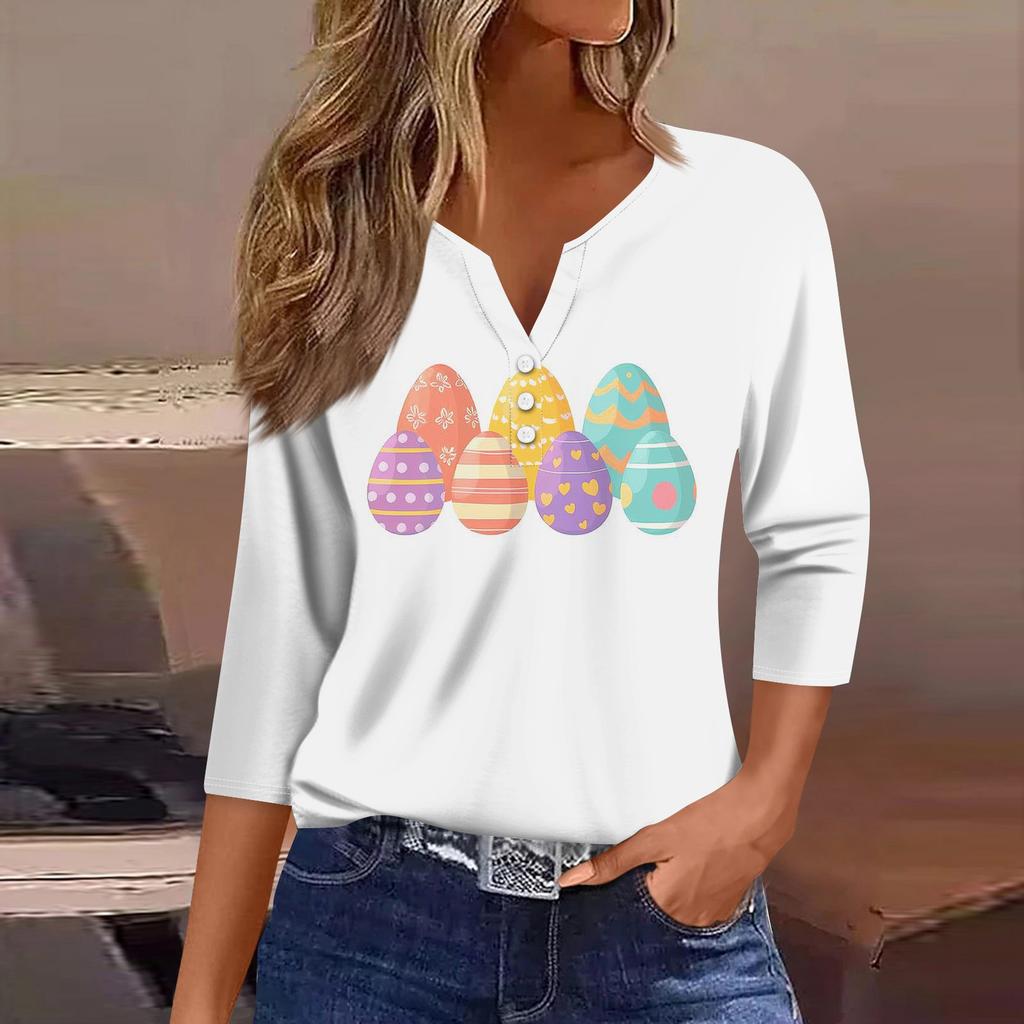 Жен. Футболка Футболка С принтом Пуговицы Рукав 3/4 Повседневные Выходные Мода Классический V-образный вырез Обычный Топ