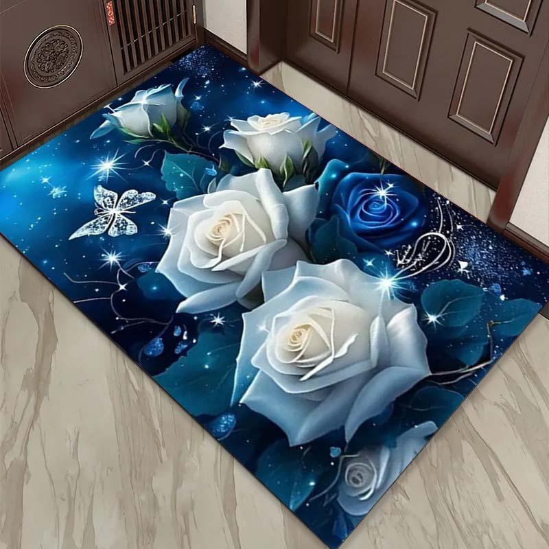 Противоскользящие коврики с принтом синих роз. Кухонный коврик. Мягкий утолщенный кухонный напольный коврик. Водонепроницаемый винтажный впитывающий нескользящий маслостойкий напольный коврик.