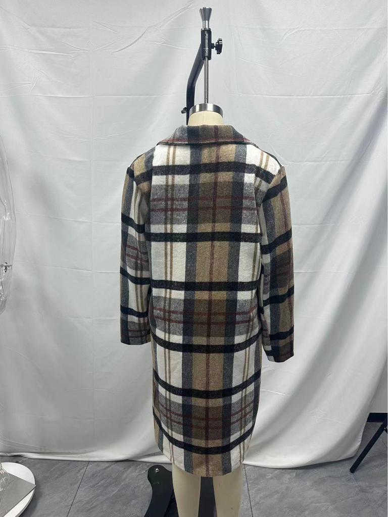 Длинное шерстяное пальто в клетку 2025: Женская демисезонная/зимняя верхняя одежда с лацканами, однобортный дизайн.