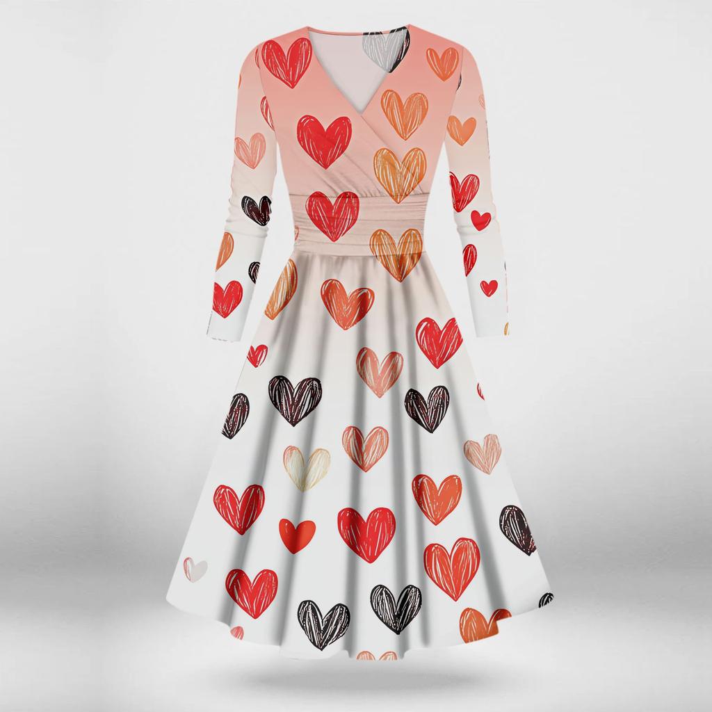 Женская мода повседневные платья на День святого Валентина с принтом, длинным рукавом и V-образным вырезом, сексуальные платья