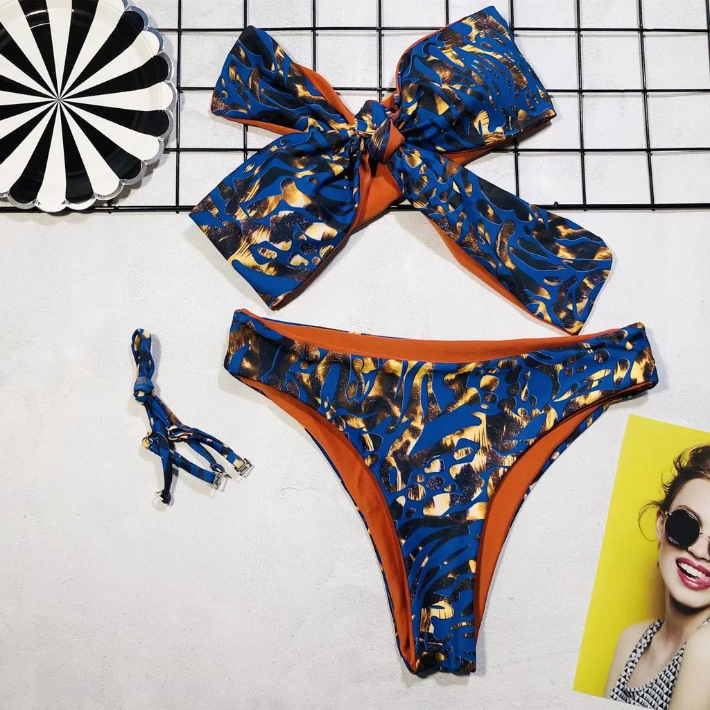 Сексуальный бикини бандо женский синий принт бант купальник купальник бикини комплект купальный костюм пляжный бикини женский съемный ремешок
