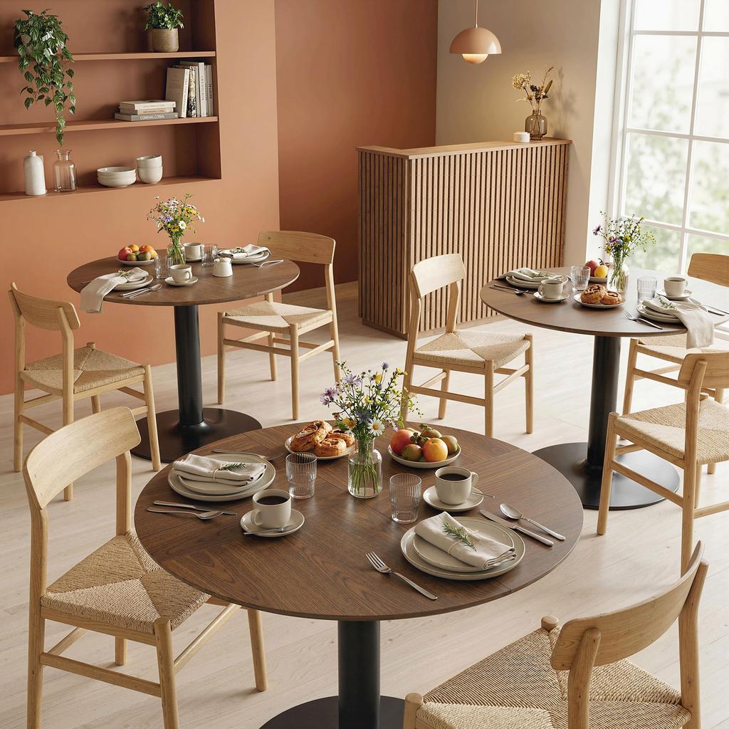 Round Dining Table for 6 People, 110 cm Modern Kitchen Table with Base for Living Room, Brown Wood Grain