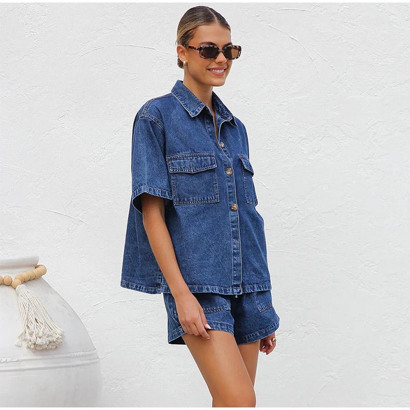Женский джинсовый костюм-двойка Свободная повседневная рубашка с коротким рукавом + шорты на резинке