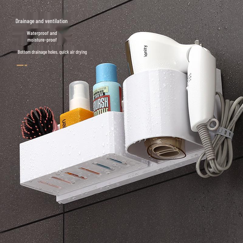 No-Drill Wall-Mounted Hair Dryer Holder with Storage Shelf