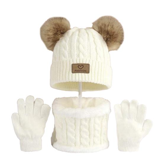 Yousheng 3 шт./компл. Детская зимняя шапка, шарф, перчатки, комплект, шапка без полей с двумя плюшевыми помпонами, вязаные перчатки с текстурой «косичка», флисовая подкладка, набор гетр для шеи