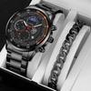 2pcs/set 1pc Fashion Men's Casual Round Dial Stainless Steel Quartz Wrist Watch & 1pc Men's Bracelet, Best Gifts for Him