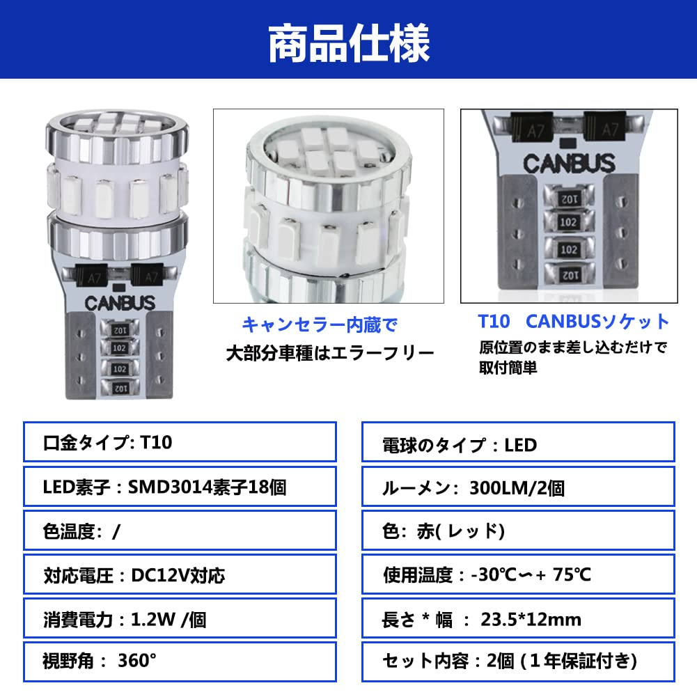 Светодиодная лампа T10 Красный Взрывной свет, 2 шт., Встроенный обманка, Светодиод T10, Совместима с автомобилем