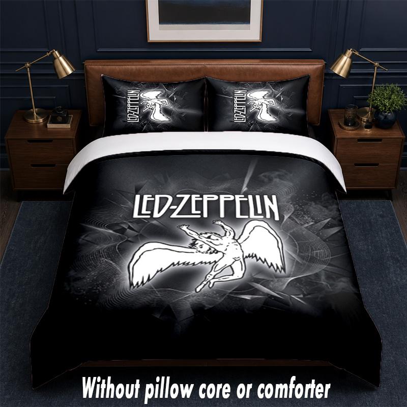 Led Zeppelin Design Bed Bedding Set 1 Duvet Cover + 2 Pillowcases Soft Breathable Household Bed Linens