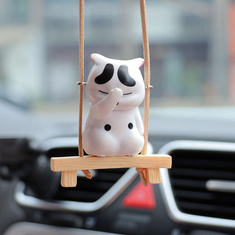 Creative Cartoon Cat Sitting On Stool Swing Car Pendant Car Rearview Mirror Decoration Accessories Cute Funny