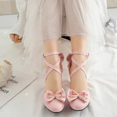 Милые женские сандалии на высоком каблуке, летние туфли принцессы в стиле Лолиты с перекрестными ремешками и бантиками, женские туфли на каблуке с подвеской из жемчуга