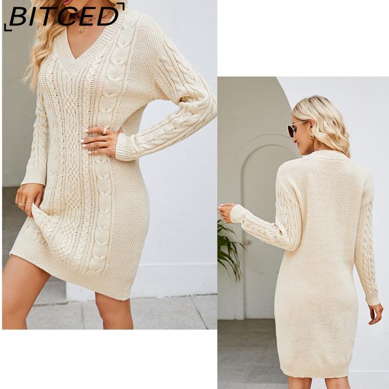 BITCED Женское однотонное платье-миди с V-образным вырезом из смесовой шерстяной пряжи, модная элегантность на осень/зиму, базовое вязаное платье с узором «косы»