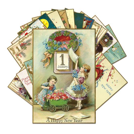 12/24 шт. Поздравительные открытки с Новым годом, ретро-иллюстрации, праздничные открытки с акцентами из золотой фольги для семьи и друзей