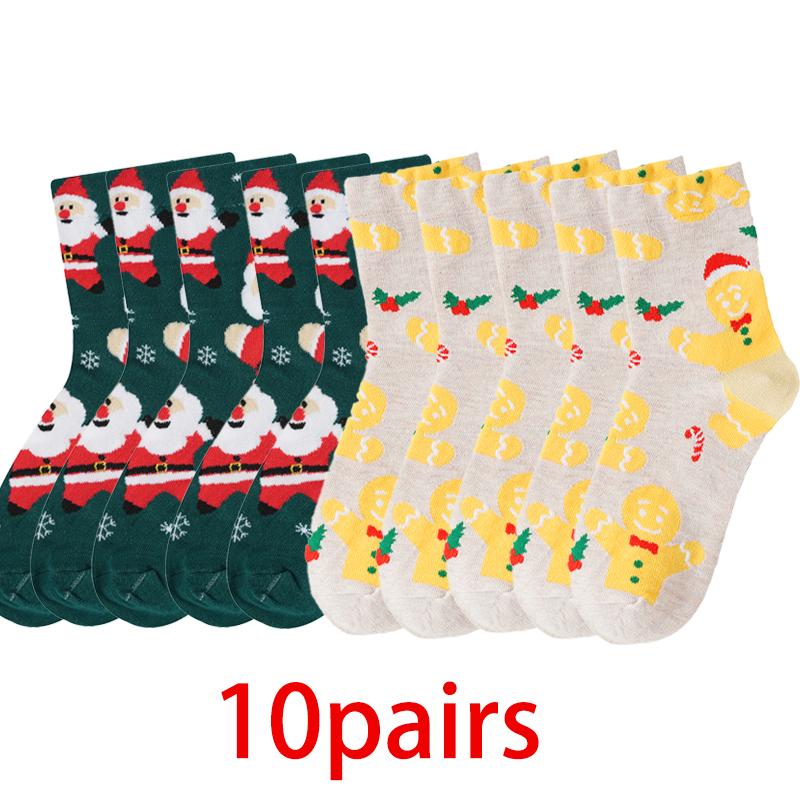 10 пар рождественских носков женские осенне-зимние теплые носки снеговик лось пряничный человечек милые мультяшные носки до середины икры Санта-Клаус