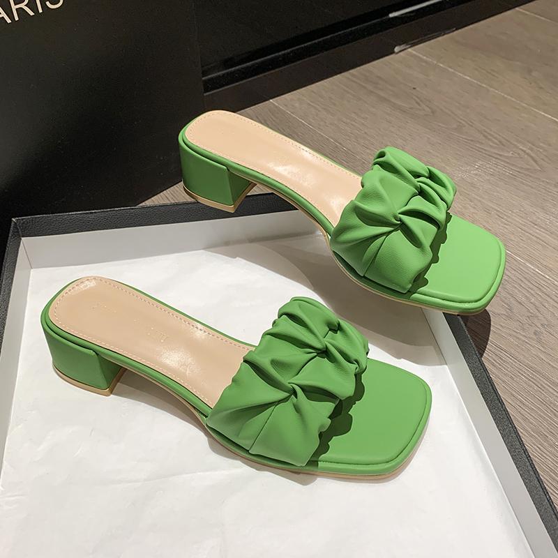 Fashion Square Head Sandals for Women's Summer New Thick Heel Pleated External Wearing Slippers Women Zapatillas De Mujer Ladies Shoes