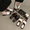 Fashion Pleated One-word Drag Slope Heel Set Toe Slippers Women's Summer Wear New Metal Buckle Beautiful Cool Slippers