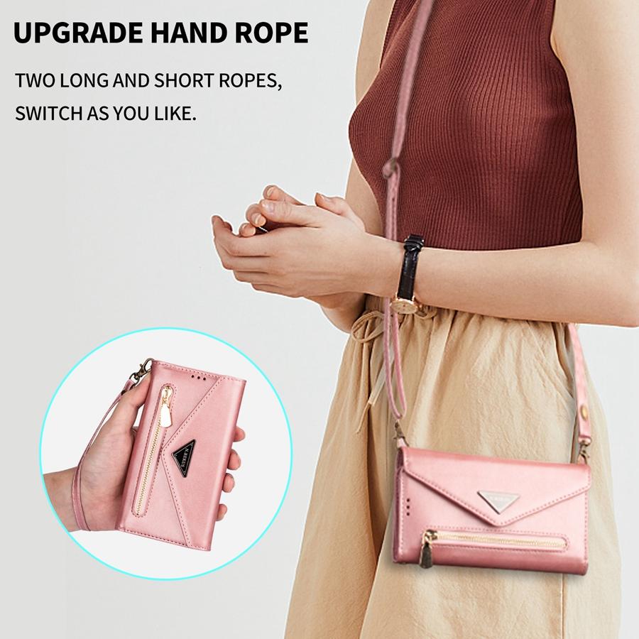 Wallet Skin-feeling Multi-card Zipper With Lanyard Leather Case For iPhone 14 Pro Max Samsung Galaxy A13 A33 A53 Xiaomi Redmi Note 11 Huawei P30 Lite