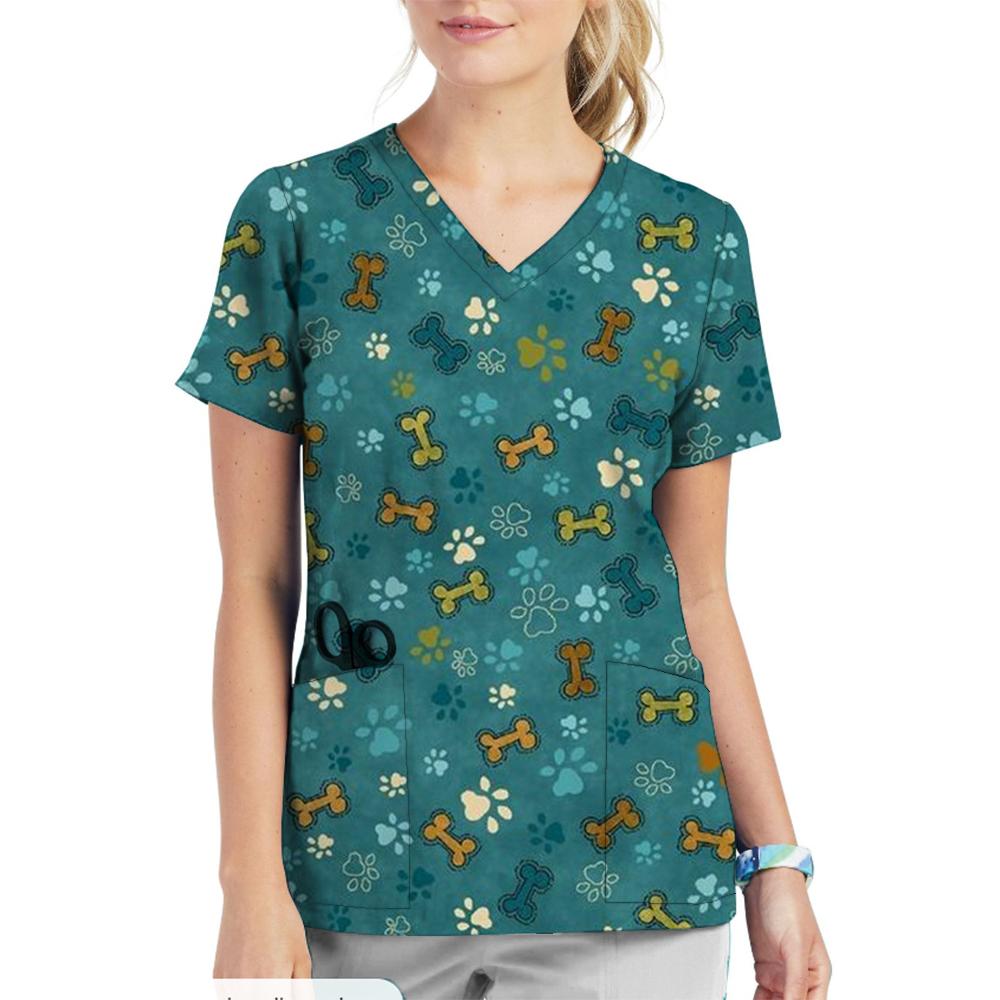 Animal Printed Pet Clinic Vet Work Uniforms Women Nurse Accessories Hospital Doctor Nursing T-Shirt Medical Scrubs Clothes Tops