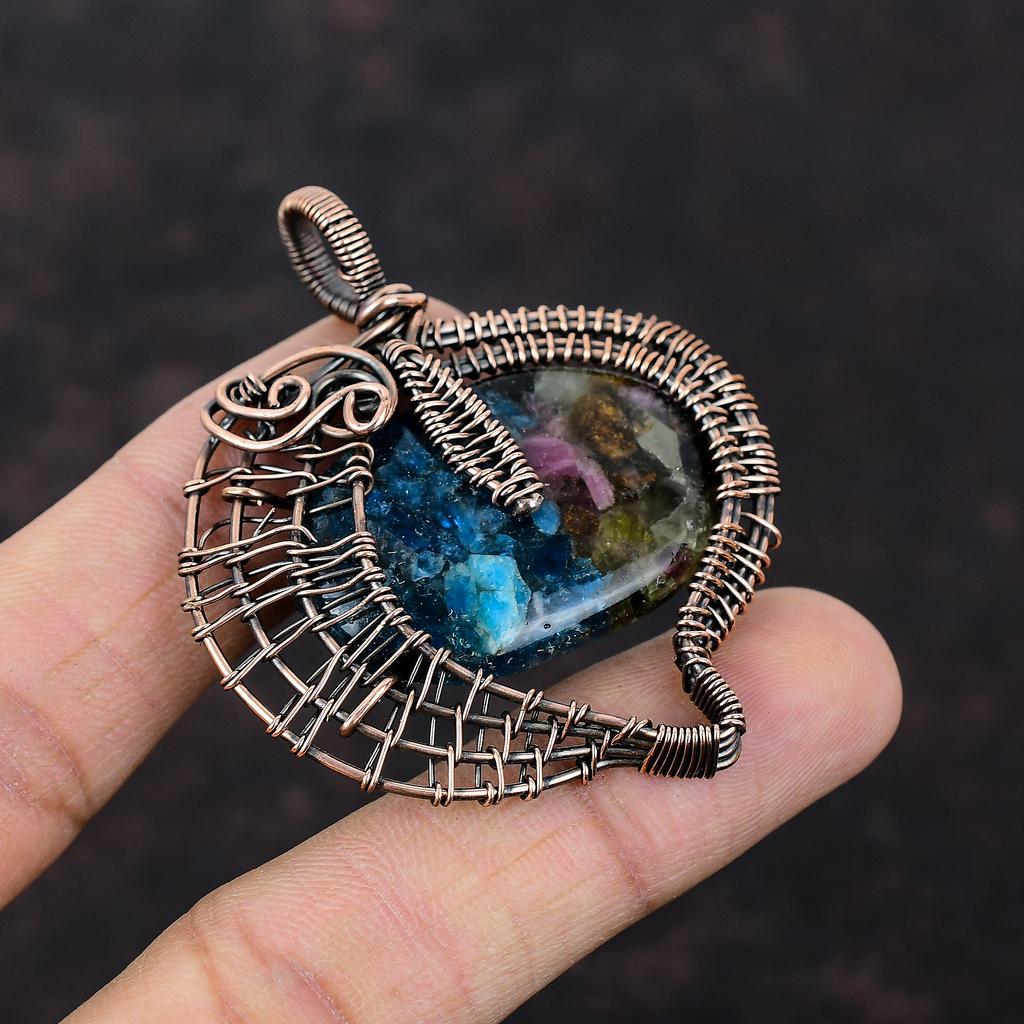 Подвеска с арбузным турмалином, подвеска из медной проволоки, изящная подвеска, ювелирное изделие из медной проволоки, подвеска ручной работы, драгоценный камень, ювелирное изделие для подарка