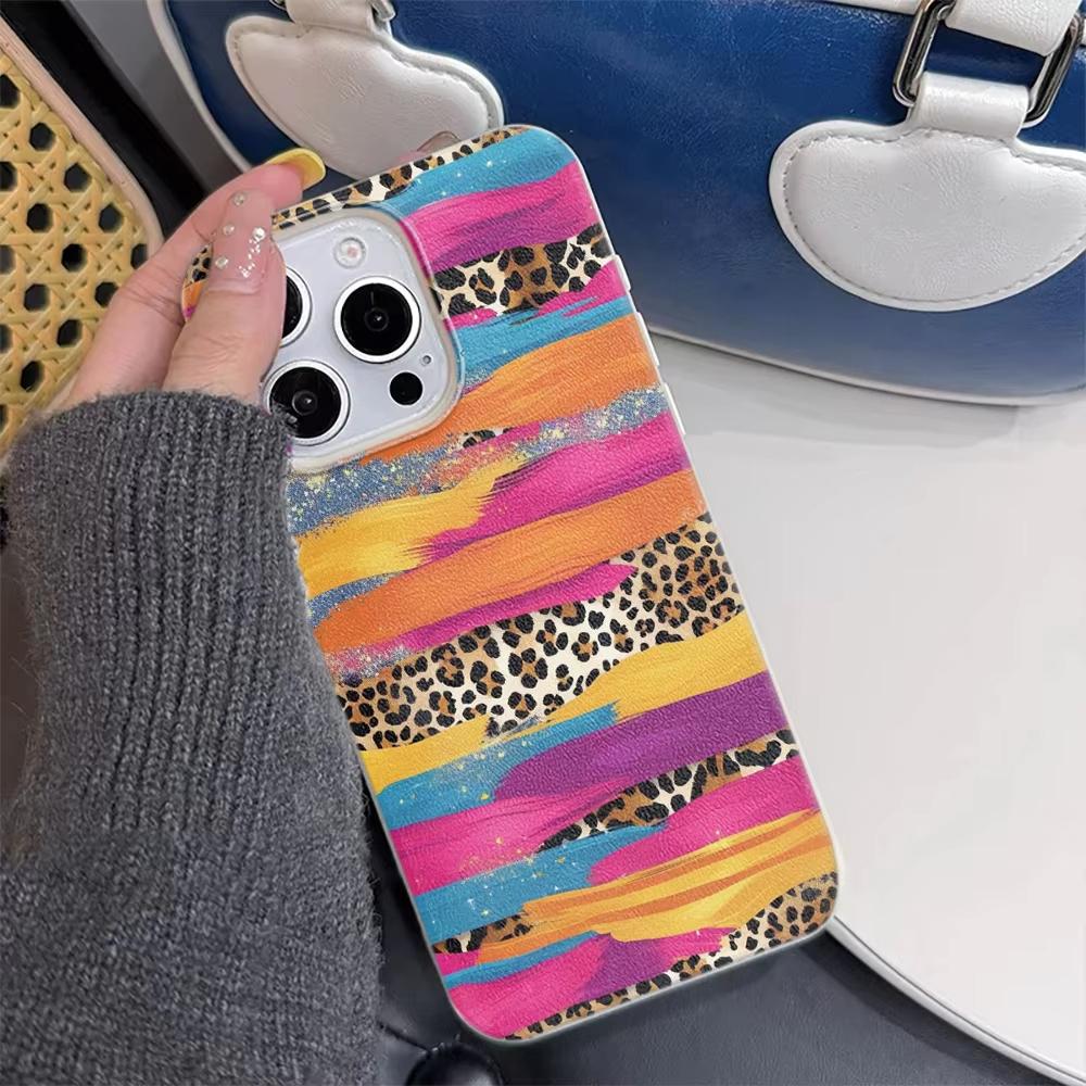 Чехол для телефона iPhone 17 17Air 16 15 14 13 12 11 Pro Max Цветной пигментный леопардовый принт Текстура личи Силиконовый мягкий чехол Funda
