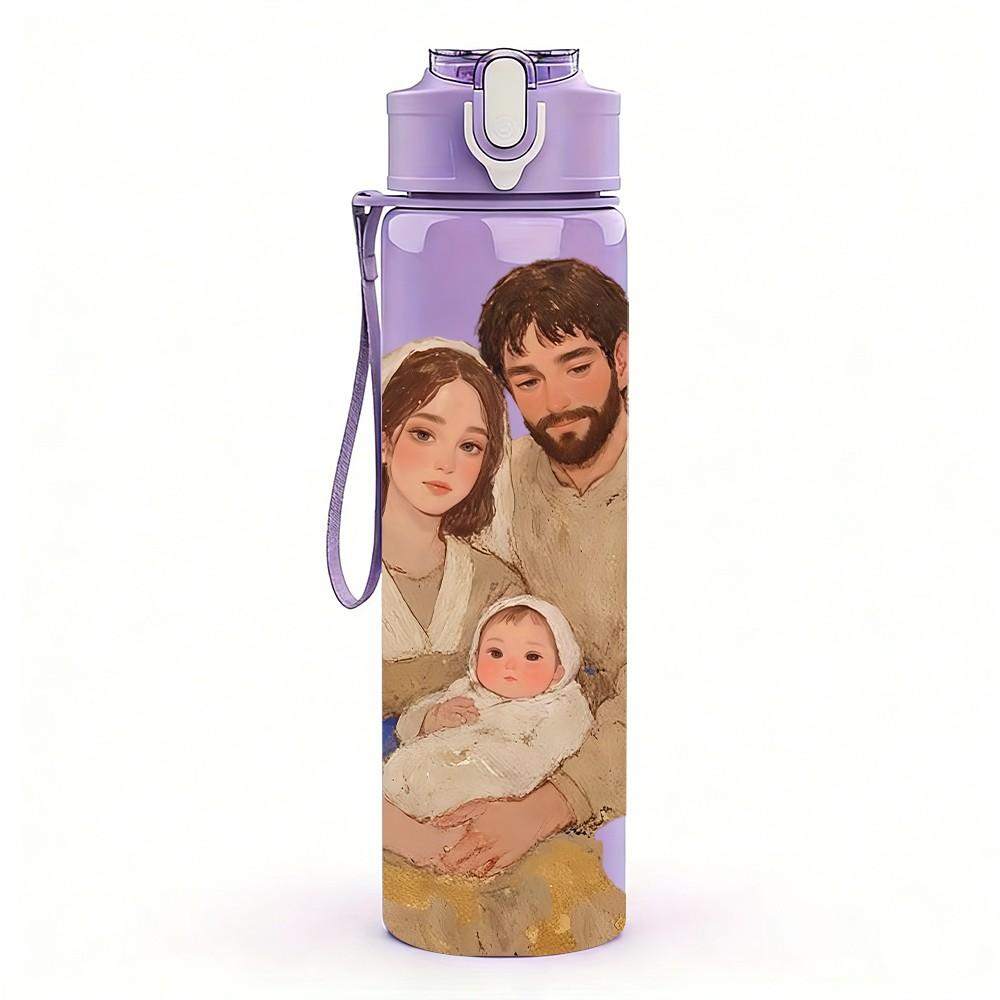 1PC Holy Family Holding Infant Print 750ml Color Plastic Sports Water Bottle Leakproof Flip Straw Lid Suitable for Sports Office Home Use