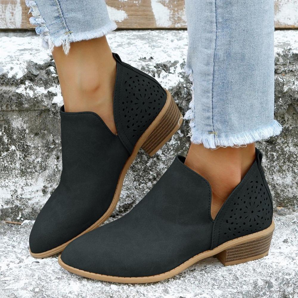 Женские ботильоны с V-образным вырезом до щиколотки, туфли с массивным каблуком и острым носком с вырезами, женская обувь