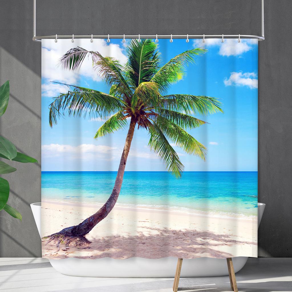 Shower Curtain Waterproof And Mildew-Proof Coconut Tree Beach Beach Bathroom Shower Curtain Shower Curtain Partition Curtain Free Punching