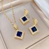Blue Rhombus Titanium Steel Necklace and Earring Set - Elegant Micro-Paved Jewelry for Formal Events