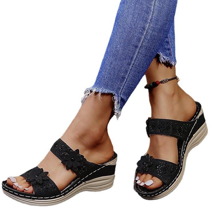 Casual Flower Large Size New High-heeled One-character Women's Wedge Slippers