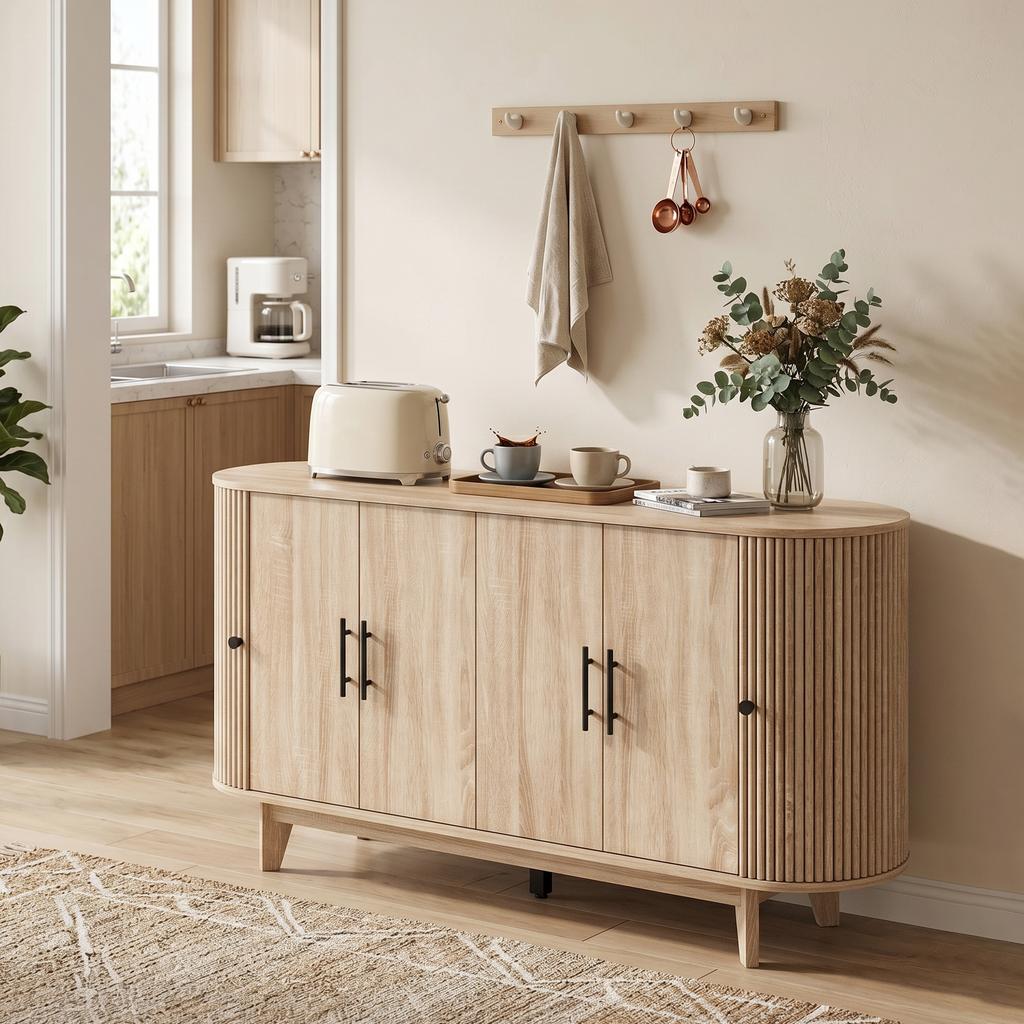 Living Room Sideboard, Oval, 4 Doors, 2 Adjustable Shelves, 147 x 40 x 76 cm, Oak