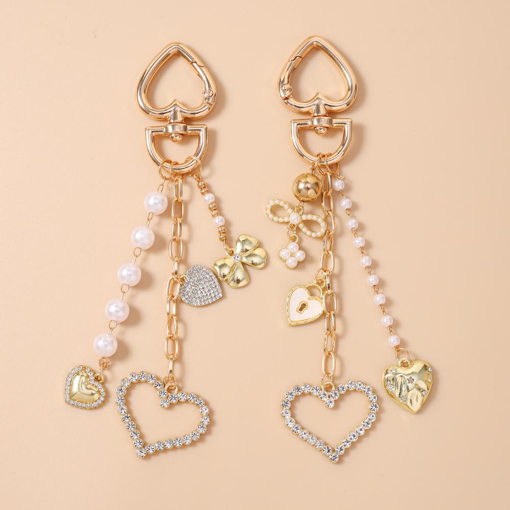 Cute Love Heart Cherry Keychain Women Girls Crystal Pearl Beaded Key Ring Pendant for Handbag DIY Key Chain Jewelry Gift