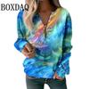 Модный Тай-дай Абстрактный Принт Узор Женский Свитшот с Длинным Рукавом Повседневный Ежедневный Уличный V-образный Вырез Молния Осенне-Зимние Топы