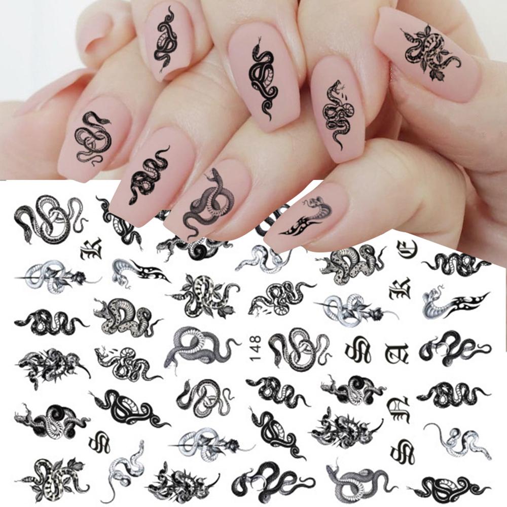 Nail Decals Chinese Slider Dragon Snake 3D Black Nail Stickers Gothic Style