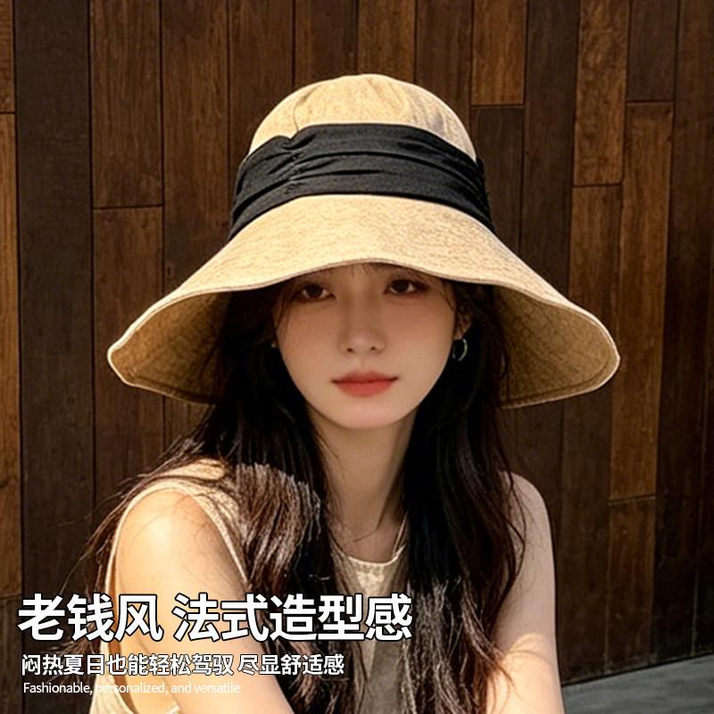 New big brim linen bucket hat women's summer webbing sunshade sunscreen big head circumference versatile seaside vacation sun hat