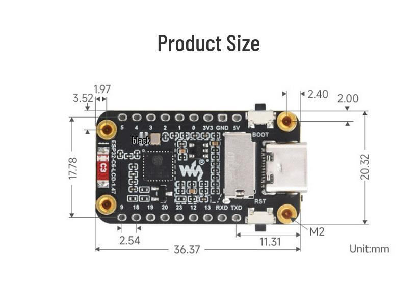 Отладочная плата ESP32-C6 с ЖК-дисплеем 1,47", WiFi 6, Bluetooth 5, BLE, встроенной антенной.