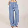 Women Casual Pants Elastic Waist Drawstring Pockets Design Loose Trousers Solid Color Thin Long Pants